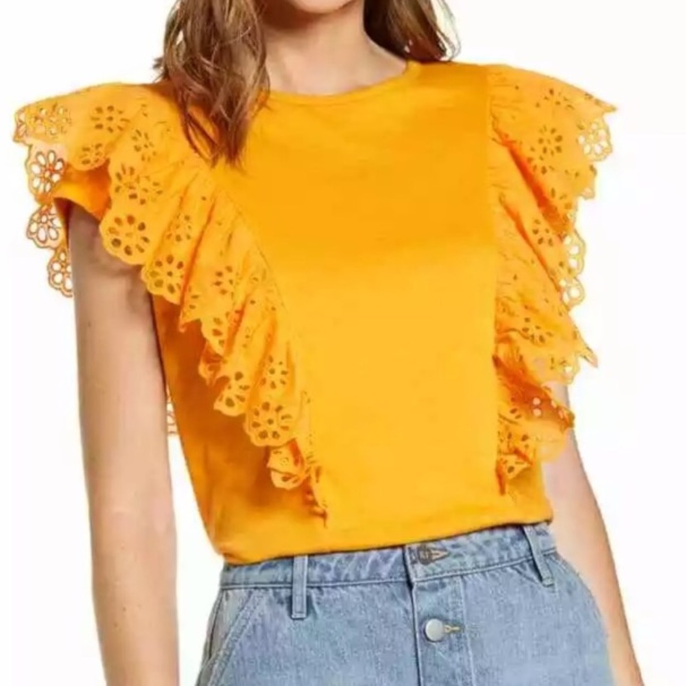 Rachel Parcell Eyelet Ruffle Detail Sleeveless T-Shirt
